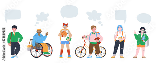 Schoolchildren and schoolgirls of different nationalities stand together. Schoolchildren with different interests. Flat vector illustration.