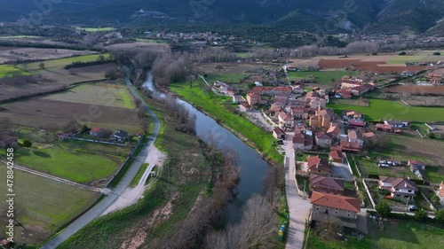 Aerial view of the landscape around the Romanesque Hermitage of San Pedro de Tejada in Puente-Arenas, in the municipality of Merindad de Valdivielso in Burgos. Burgos, autonomous community of Castilla photo