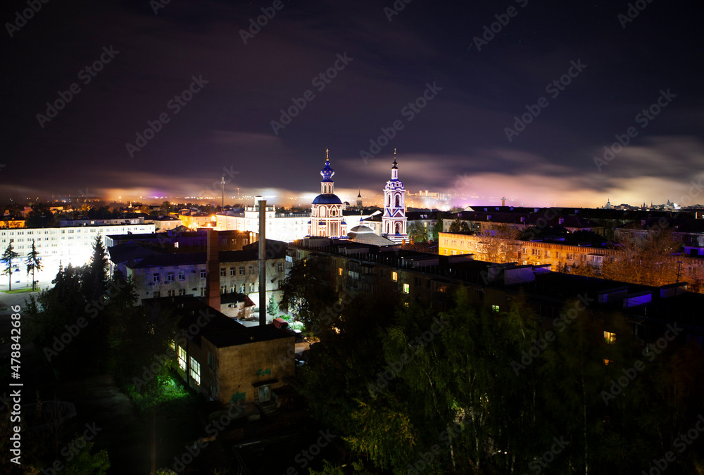 Top view of the night city and the temple of the Holy Prophet John the Baptist. Kaluga. Russia