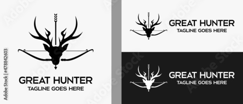 Tela deer head and bow and arrow logo design template in silhouette