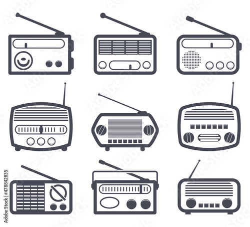 vector set of black and white radio icons