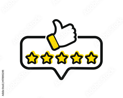 Five stars customer product rating review with thumbs up icon. Modern flat style vector illustration