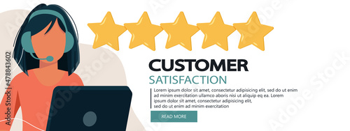 Concept of feedback, testimonials messages and notifications. Rating on customer service illustration. Five big stars with reviewer. Flat vector