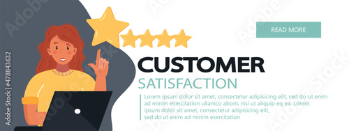 Concept of feedback, testimonials messages and notifications. Rating on customer service illustration. Five big stars with reviewer. Flat vector
