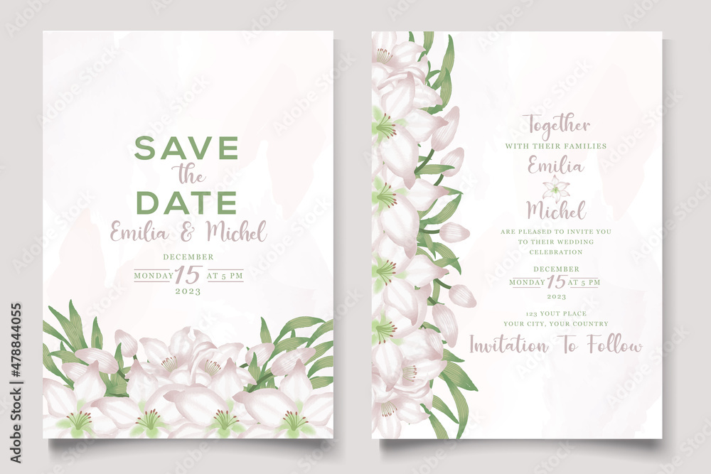 Elegant wedding invitation card with beautiful white lily floral and leaves template