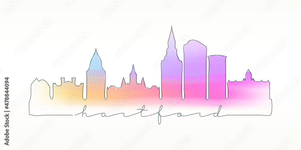 Hartford, CT, USA Skyline Watercolor City Illustration. Famous Buildings Silhouette Hand Drawn Doodle Art. Vector Landmark Sketch Drawing.