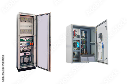 two electrical control cabinets of different design and purpose, isolated on white background
