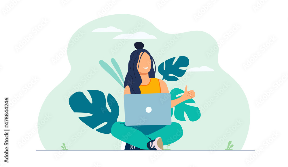 Smiling woman working with laptop. Concept illustration, working process, management, freelance, office, work from home, business meeting via internet, communication. Bright colorful vector design. Smiling woman working with laptop. Concept illustration, working process, management, freelance, office, work from home, business meeting via internet, communication. Bright colorful vector design.