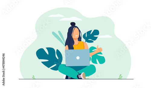 Smiling woman working with laptop. Concept illustration, working process, management, freelance, office, work from home, business meeting via internet, communication. Bright colorful vector design.