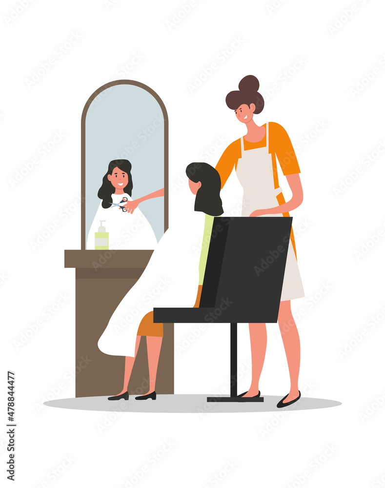 Hairdresser profession concept. Young female master in apron holds scissors and cuts ends of client hair. Hairstylists doing haircuts and hairstyles for women. Cartoon flat vector illustration