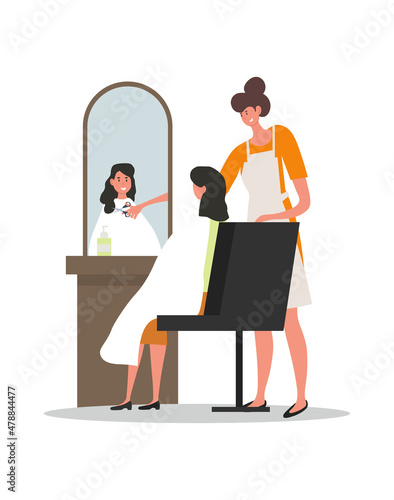 Hairdresser profession concept. Young female master in apron holds scissors and cuts ends of client hair. Hairstylists doing haircuts and hairstyles for women. Cartoon flat vector illustration