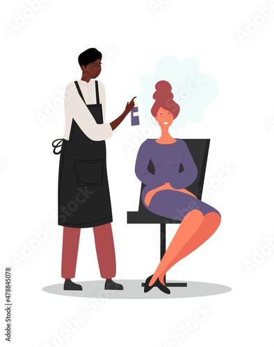 Hairdresser profession concept. Young male Hairdylists holds bottle with hairspray and fixes client hairstyle. Man works in beauty or hairdressing salon. Cartoon modern flat vector illustration