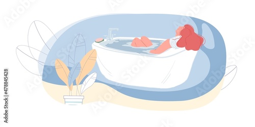 Vector cartoon woman character taking bath at home,resting and relaxing-healthy lifestyle,leisure time concept,web site banner design
