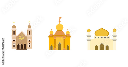 Set of Religious Buildings Vector Illustration: Islamism, Buddhism, Taoism and Hinduism.