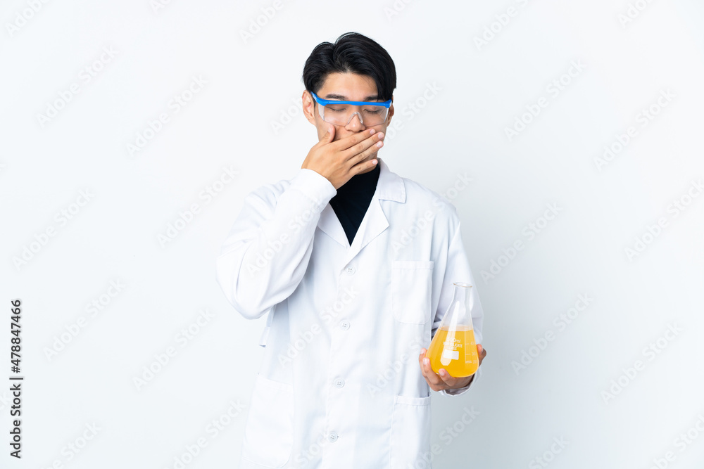 Young Chinese scientific man isolated on white background happy and smiling covering mouth with hand Young Chinese scientific man isolated on white background happy and smiling covering mouth with hand