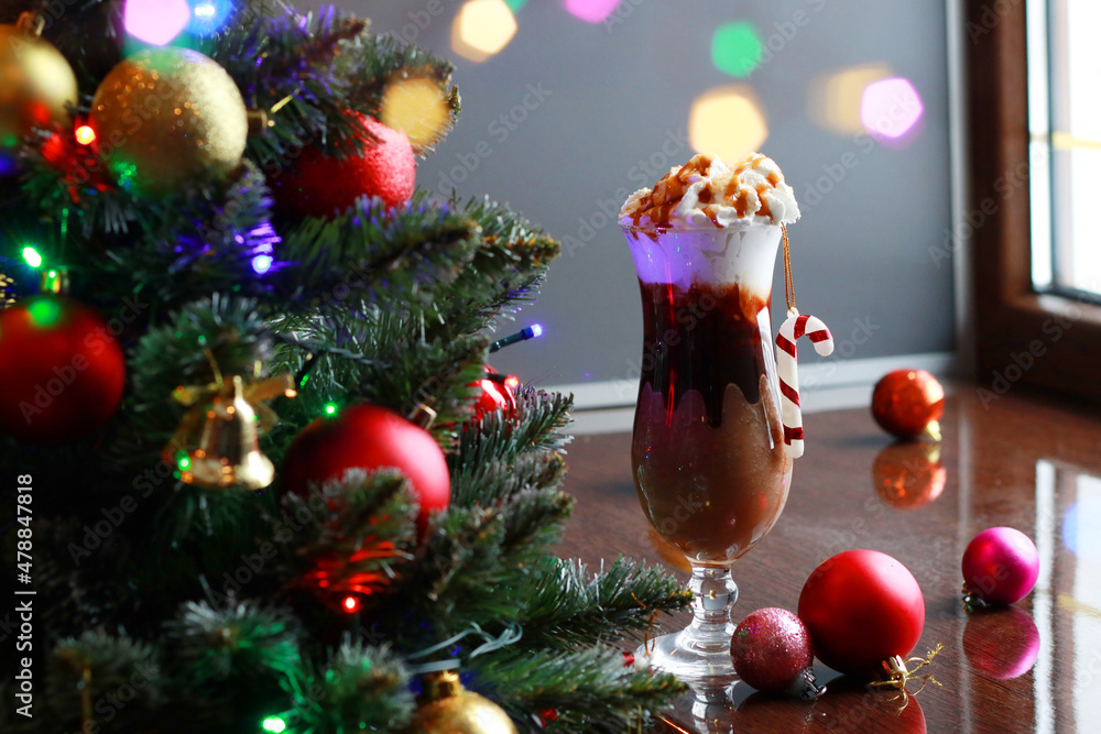 Tasty coffee cocktail on and Christmas decorations Tasty coffee cocktail on and Christmas decorations
