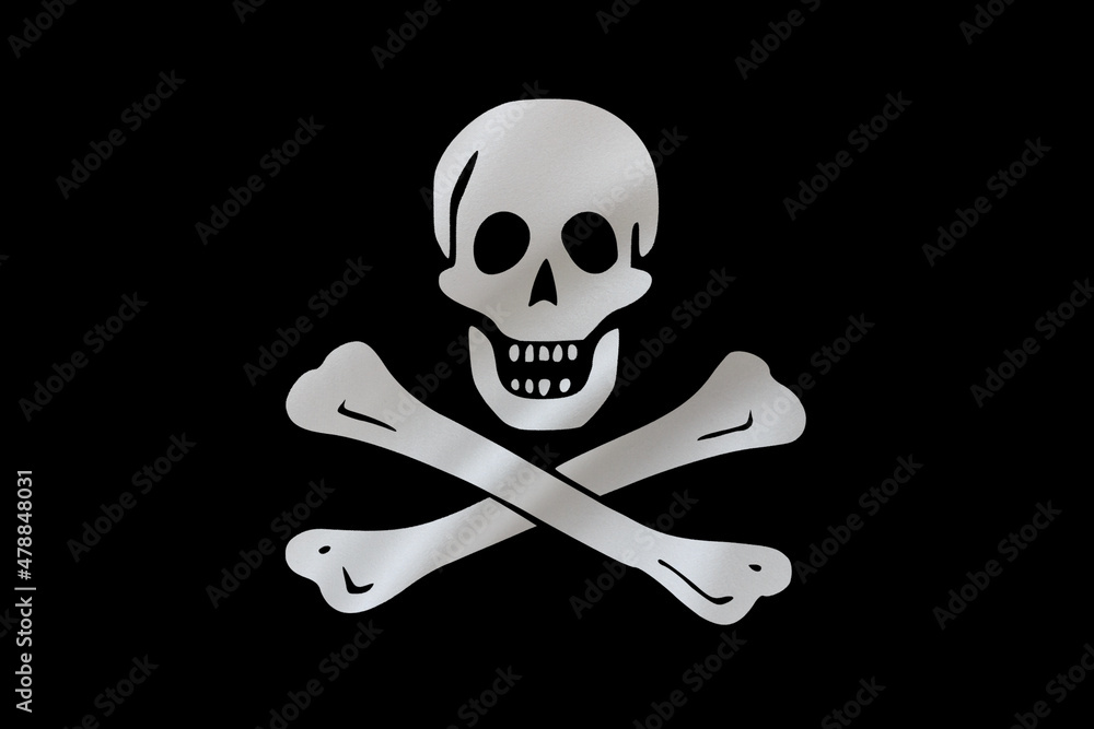 Jolly Roger flag on waving silk background. Fabric texture. Edward England historical model. Pirate flag. Jolly Roger flag on waving silk background. Fabric texture. Edward England historical model. Pirate flag.