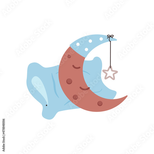 A cartoon moon in a cap with a star is sleeping on a pillow. Color vector illustration. White isolated background.