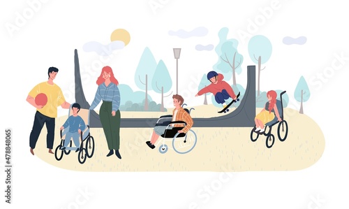 Vector cartoon flat family characters having fun in skate park,kids skating,disabled children walk with parents-happy childhood,sporty healthy family concept,web site banner ad design