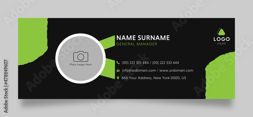 Modern business Email signature template with an author photo place. black background and green shape layout design for esignature