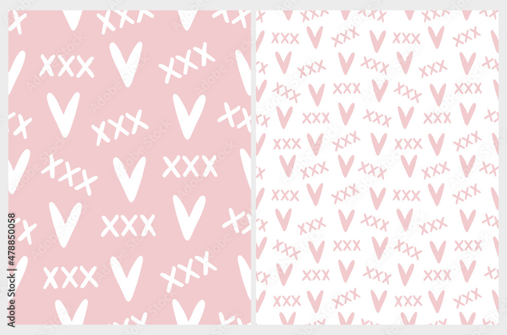 Cute Hand Drawn Irregular Seamless Vector Patterns with Cute Hand Drawn Freehand Hearts and Kiss Symbol Isolated on a Pastel Pink and White Background. Funny Infantile Print ideal for Fabric, Textile.