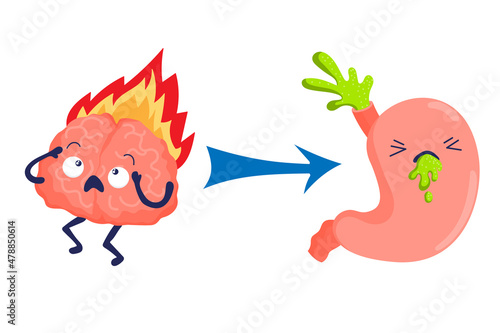 Stress nausea, vomiting. Brain and stomach character. Cartoon burning brain with Stomach nausea. Internal human organs. Stock vector illustration isolated on white background.