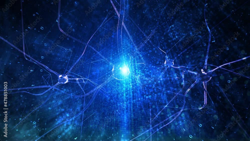 Artistic neuron brain cells on blue glowing cyberspace artificial intelligence network hologram details with binary code numbers background animation.