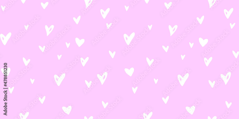 Vector pink Seamless abstract pattern of small hearts. Hand drawn doodle background, texture for textile, wrapping paper, Valentines day.