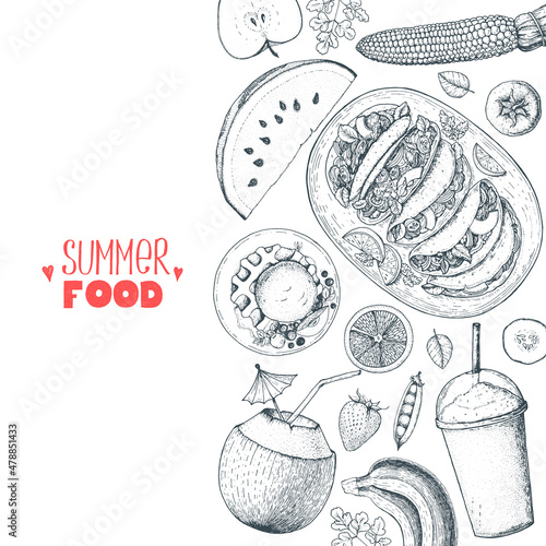 Summer food vector illustration. Variety food sketch collection. Top view engraved illustration. Food design elements.