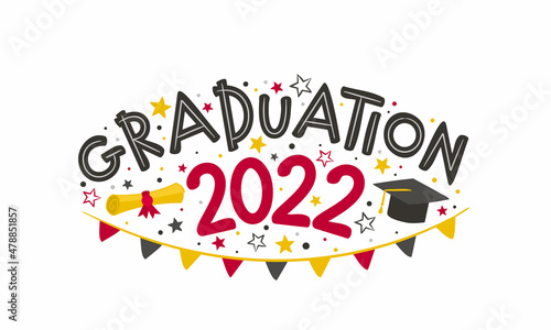 Doodle Logo for the 2022 graduate with a masters cap, rolled scroll, flags and stars. Vector illustration for graduation badge or emblem. Isolated on white background