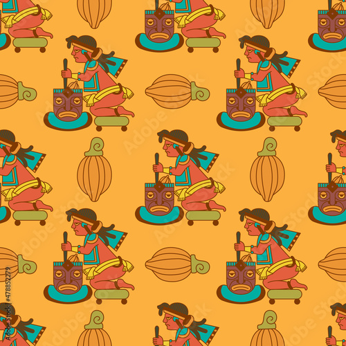 Aztec cacao seamless pattern design. Line art style. Vector illustration.