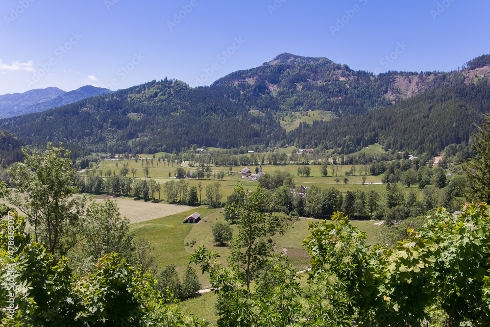 Scenic view of Planinsko Jezero valley in Slovenia on a beautiful summer day.