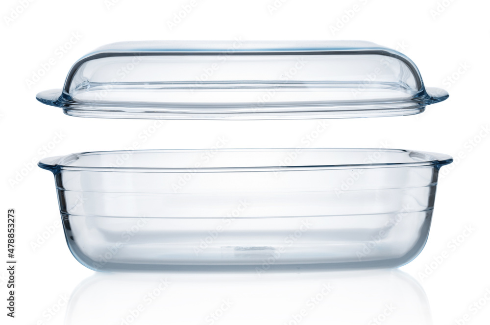 Empty glass baking container with lid isolated on white background Empty glass baking container with lid isolated on white background