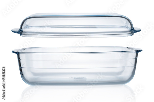 Empty glass baking container with lid isolated on white background