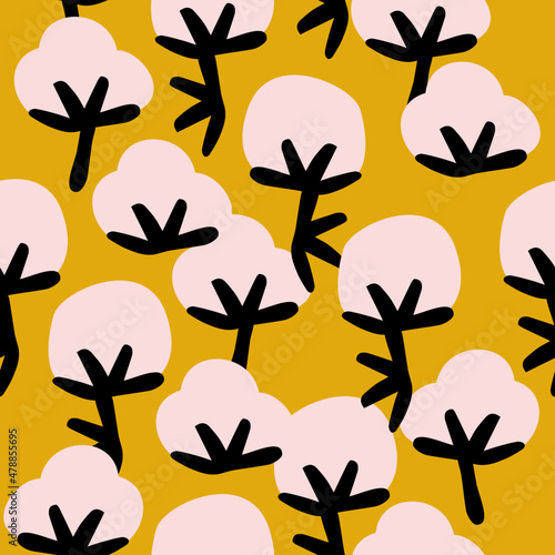 Flower cotton pattern illustration seamless. Pima backdrop, background. Print fabric. Elegant pastel colors and black. Botanic, branches and blossoms, camomile. Hand made vector repeat design.