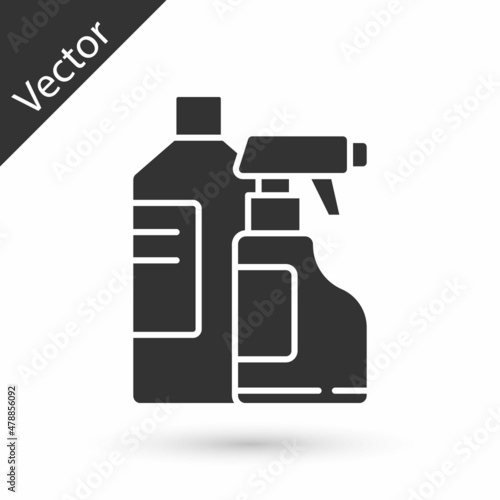 Grey Plastic bottles for laundry detergent, bleach, dishwashing liquid or another cleaning agent icon isolated on white background. Vector Illustration