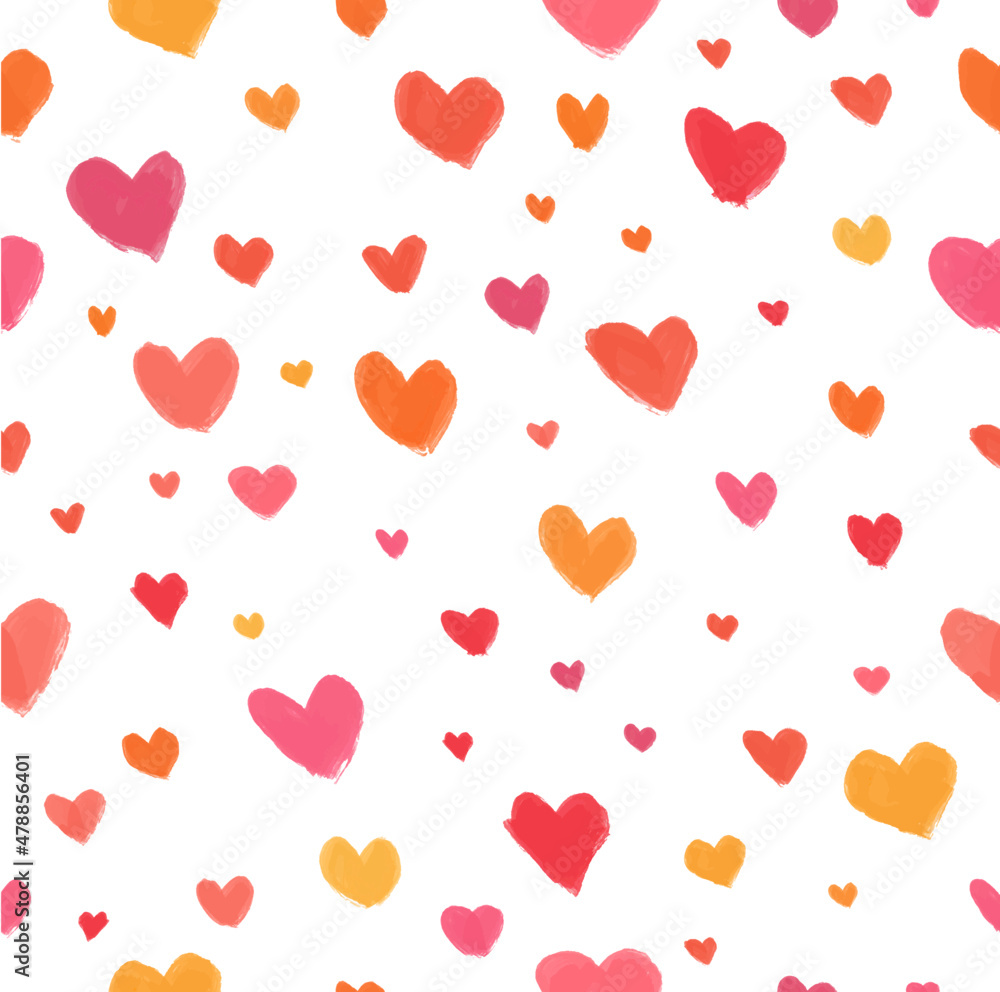 Pink and orange hand drawn hearts seamless background pattern