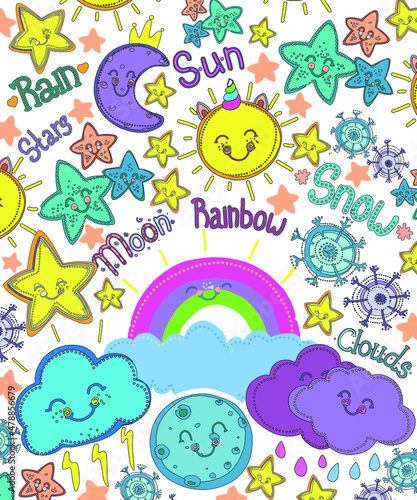Stickers clouds, rainbow, month, moon, stars from the set "Weather". Vector.Cute pastel colors. The set includes patterns, frames, backgrounds and doodles.