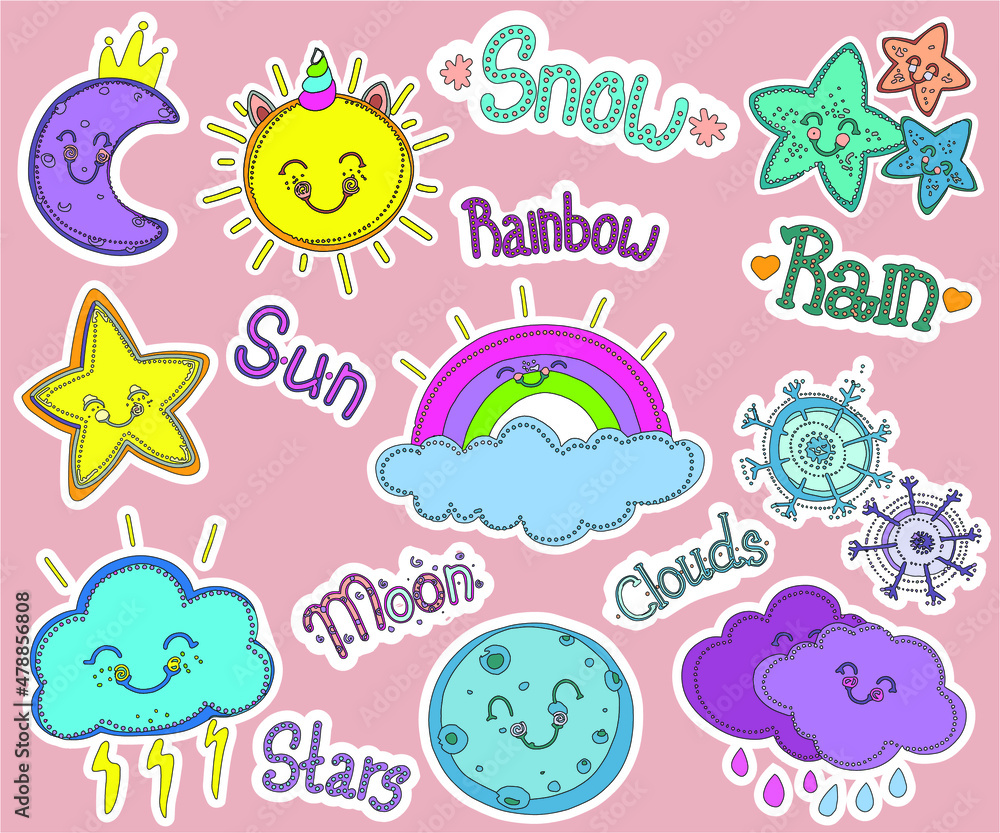 Fototapeta premium Stickers clouds, rainbow, month, moon, stars from the set 