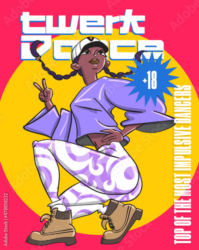 Twerk poster design. Cartoon style girl. Poster for booty dance course or battle.