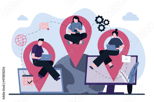 Outsourcing company with people. Idea of teamwork and project delegation. Company development and business strategy. Developers team working scene