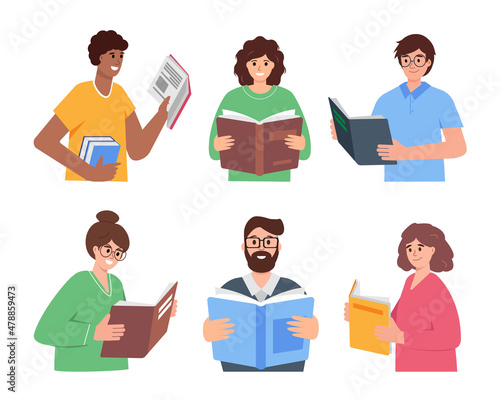 Set of eading people with paper books. Book lovers, readers, literature fans or students isolated on white background. Education, knowledge flat or cartoon vector illustration.