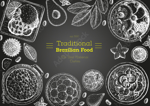 Brazilian cuisine top view frame. Brazilian food menu design with acai, feijoada, moqueca, farofa, pao de queijo. Vintage hand drawn sketch vector illustration.