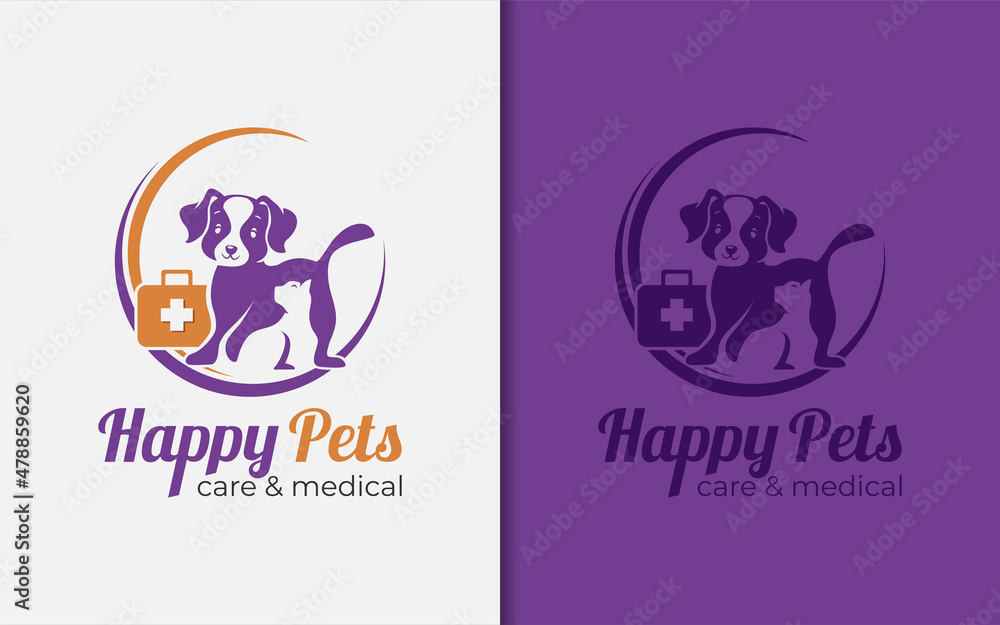 Happy Pets Care and Medical Logo Design with Smiley Dog and Cat Silhouette Combination Logo Design.