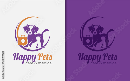 Happy Pets Care and Medical Logo Design with Smiley Dog and Cat Silhouette Combination Logo Design. © Rtn_Studio