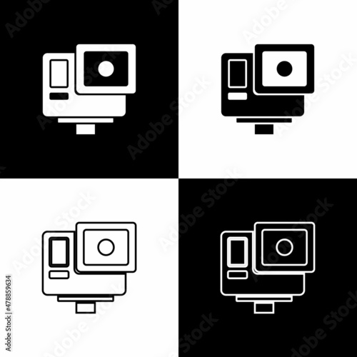Set Action extreme camera icon isolated on black and white background. Video camera equipment for filming extreme sports. Vector