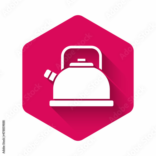 White Kettle with handle icon isolated with long shadow. Teapot icon. Pink hexagon button. Vector