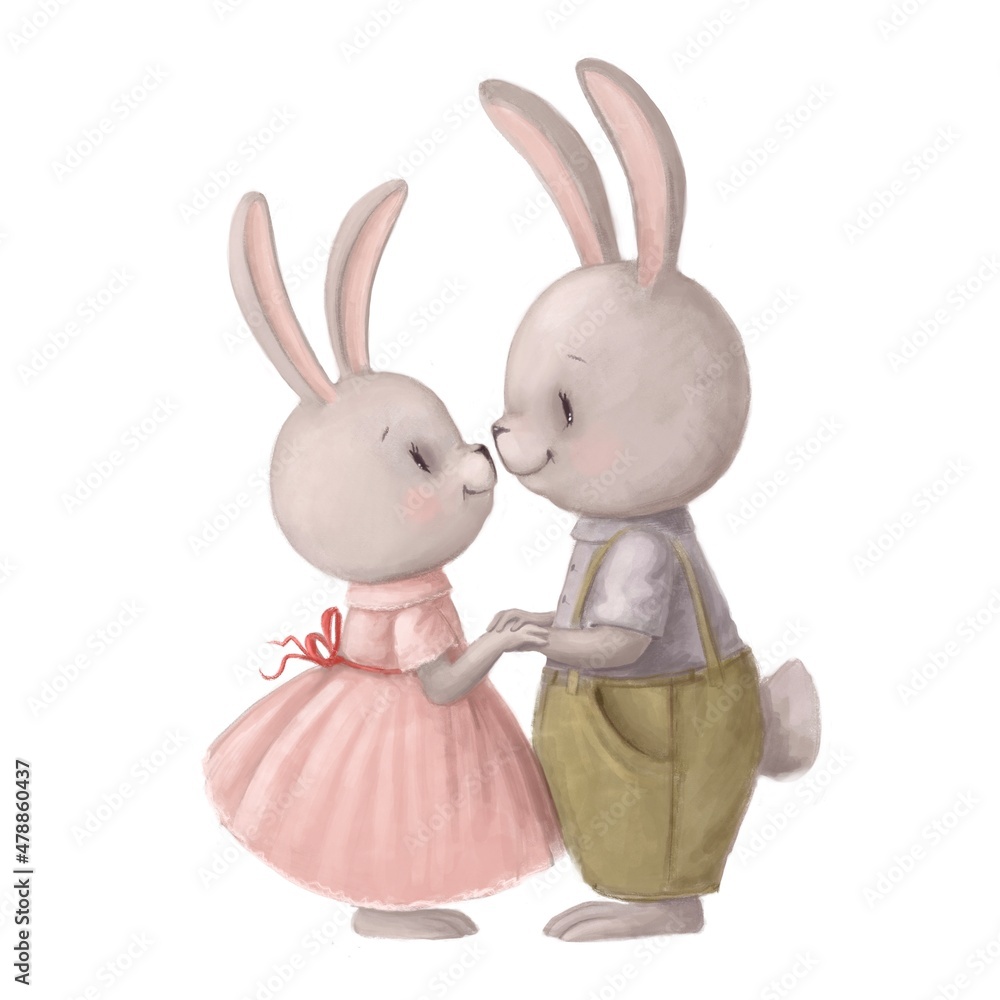 Obraz premium cute couple of hares in love, watercolor style illustration, valentines clipart with cartoon characters