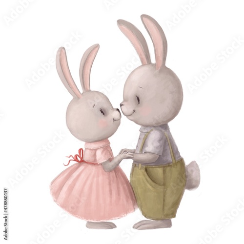 cute couple of hares in love, watercolor style illustration, valentines clipart with cartoon characters photo