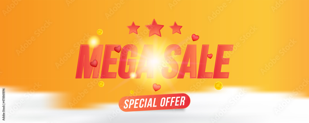 Fototapeta premium Mega Sale web banner with special offer on a red background with clouds. Font inscription with lights elements. Flat Vector Illustration EPS10